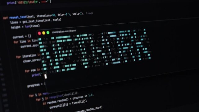 Close-up of a dark computer screen showcasing a command-line interface with 'NETWORK' text made of hash characters, alongside programming code, illustrating digital security