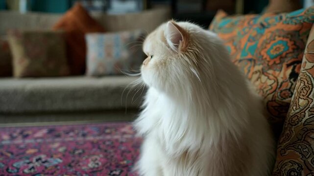 Fluffy white Persian cat sitting indoors, looking away from the camera in a cozy living room with patterned cushions and rug.