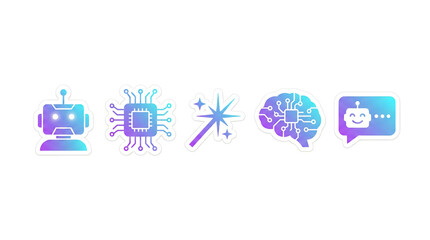A set of five gradient-colored icons representing artificial intelligence, technology, innovation, and digital communication, including a robot, microchip, magic wand, AI brain, and chatbot.