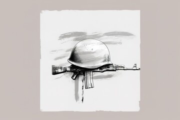 A military helmet rests on a rifle, serving as a memorial. This artwork symbolizes the respect and tribute to those who have served in the armed forces. The setting conveys remembrance