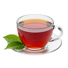Aromatic tea in a clear glass cup with saucer and fresh green leaves