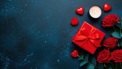 Romantic Valentine's Day still life with roses, hearts, and a gift box