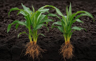 Obraz premium Young maize plants exhibit robust subterranean root systems. They grow in dark soil with green stalks and leaves.