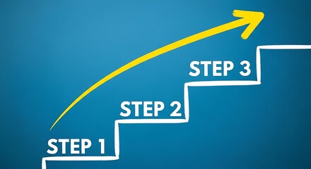 Chalk drawn three step process with upward yellow arrow illustrating clear path to success on blue background