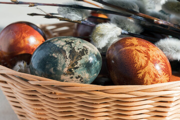 Close-up of Naturally Dyed Easter Eggs with Pussy Willows in Bokeh