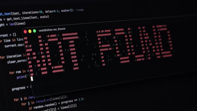 Digital display shows NOT FOUND in red pixelated characters on a dark background, surrounded by programming code, signaling a system error or failed search