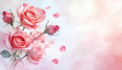 Fototapeta premium Soft pink roses and delicate petals gracefully scattered against a dreamy, romantic background, evoking feelings of love and timeless elegance for special occasions