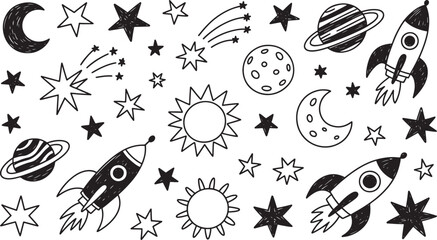 Obraz premium Hand drawn doodle collection of space objects and rockets on white star moon
