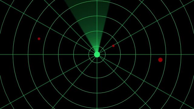 Green radar concept. Digital realistic radar with targets on monitor in searching. Air search . Military search system. 4k video