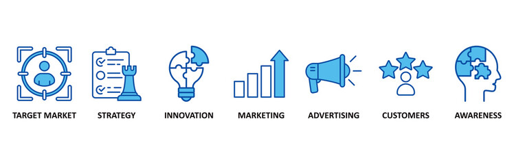 Brand icon set In Blue Style vector illustration for target market, strategy, innovation, marketing, advertising, customers, and awareness