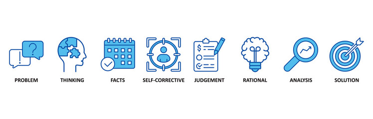 Critical thinking icon set In Blue Style vector illustration for identification, biases, relevance, curiosity, research, inference, process, rationality