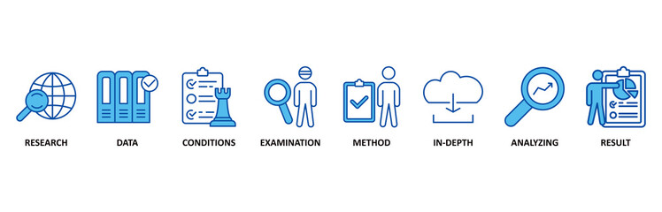 Case study icon set In Blue Style vector illustration for research, data, conditions, examination, method, in-depth, analyzing, and result