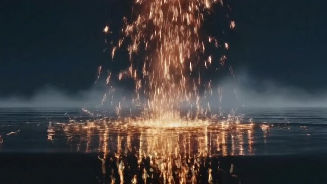 Dynamic golden sparks shower down onto dark ocean water creating stunning fiery reflection in moody atmosphere