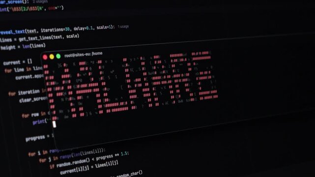 Abstract cybersecurity concept of a malware threat displayed in pixelated text on a dark screen, alongside coding, representing digital risk