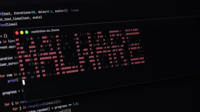 Cybersecurity threat visualized as MALWARE text on computer screen with programming code backdrop, symbolizing digital danger. Zoom
