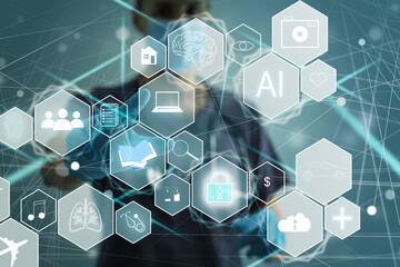 Artificial Intelligence AI, Internet of Things IoT. Business man using laptop computer on technology background, big data, deep learning, smart phone chatbot application, 4.0 industrial technology.