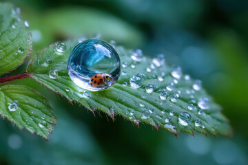 Ladybug in Dewdrop on Green Leaf Close Up