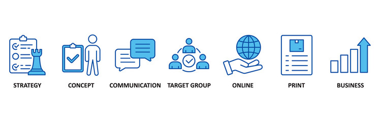 Marketing icon set In Blue Style vector illustration for strategy, concept, communication, target group, online, print and business