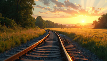Railroad receding into distance in summer. Railroad tracks cross meadow. Sun rises over horizon. Journey symbolises future opportunity. Rails head to bright future. Railway pathway. Concept of