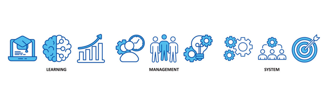 LMS icon set In Blue Style vector illustration for learning management system, educational courses, training and development programs with online learning, administration, growth, and automation icon