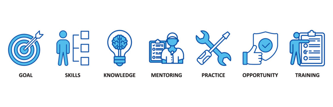 Internship icon set In Blue Style vector illustration for goal, skills, knowledge, mentoring, practice, opportunity, and training - Powered by Adobe
