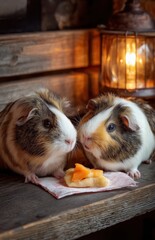 Guinea Pigs Eating Snack By Rustic Lantern