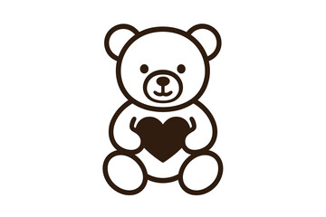 Fototapeta premium Black and white line illustration of a teddy bear sitting and holding a large heart with both paws.