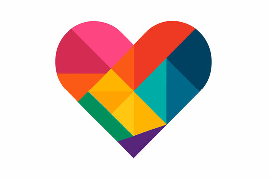 A multicolored heart composed of geometric fragments in the style of a mosaic or tangram. It contains almost all the colors of the rainbow.
