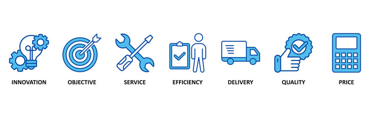 Product icon set In Blue Style vector illustration for innovation, objective, service, efficiency, delivery, quality and price