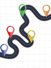 Navigational Journey: A winding road adorned with vibrant location markers invites exploration, the path unfurling across a subtly gridded backdrop, symbolizing progress and discovery. 