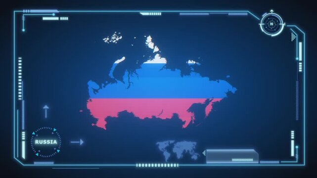 Futuristic Digital Russia map HUD animation, global network cyber technology, government, Country Map, Politics, Travel, News, and Sports Events.