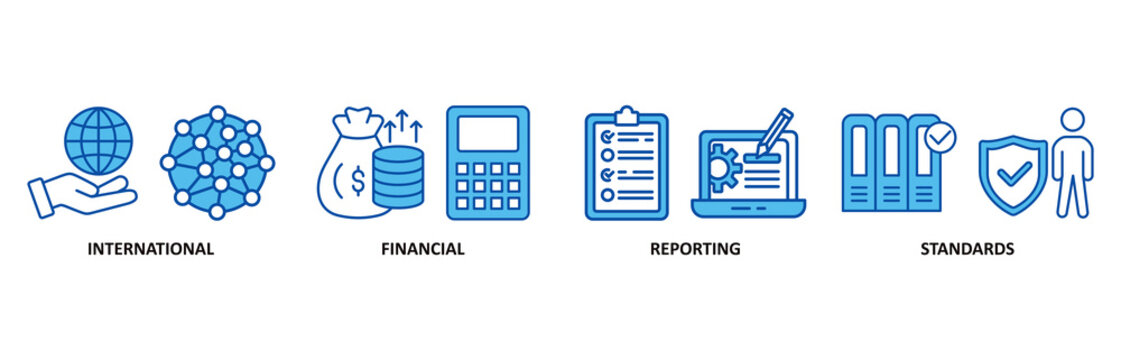 Ifrs icon set In Blue Style vector illustration for international financial reporting standards with icon of global, network, money, documents, books, and writing