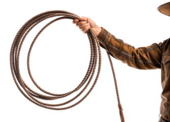 hand holding Cowboy whip isolated on a transparent background.