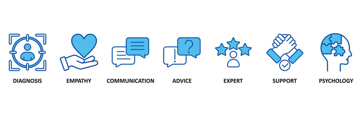 Counseling icon set In Blue Style vector illustration for counseling psychology and mental healthcare with an icon of diagnosis, empathy, communication, therapy, advice, expert, and support