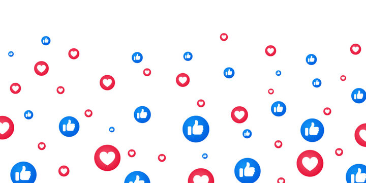 Social media like and heart icons background. Buttons thumb up like and red heart. Social media reaction background for advertisement promotion, marketing. Heart like flying media icons