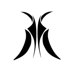 Symmetrical tribal crest or abstract logo design with sharp, swirling, and organic lines. Represents strength, power, boldness, and mystery in a dynamic, modern ornamental style