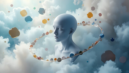 Surreal ethereal bust of a serene figure floating among vibrant colorful spheres in a dreamy cloudscape setting