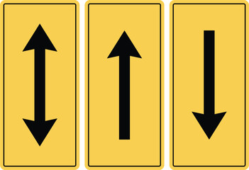 Arrows of Direction: Three informational signs of road ahead featuring up, down, and bidirectional arrow symbols on yellow backgrounds. Each design is concise and straightforward. 