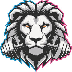 Fierce vector white lion head with dumbbells and neon outline © MdMezbahul