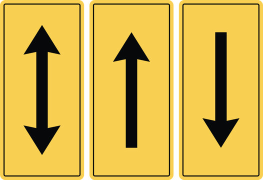 Arrows of Direction: Three informational signs of road ahead featuring up, down, and bidirectional arrow symbols on yellow backgrounds. Each design is concise and straightforward. 