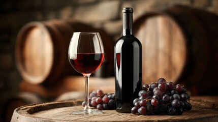 A bottle of wine sits next to a glass filled with red wine on a wooden barrel. Fresh grapes are arranged beside the glass. The scene takes place in a winery