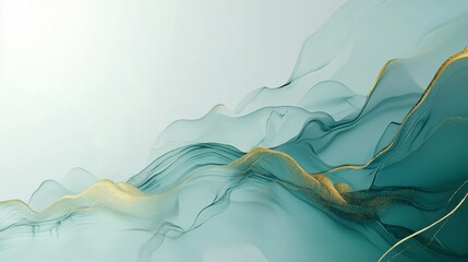 Fluid Mountain Shapes in Teal and Dark Blue With Golden Linear Accents and Atmospheric Mist