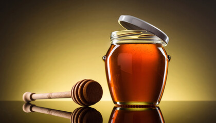 Glass jar filled with amber honey and wooden dipper liquid