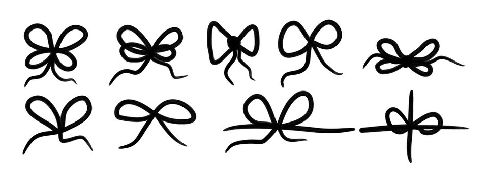 Doodle gift bow. Simple doodle red bows with string and knot for present. Minimalist line art vector for Christmas celebration and coquette holiday decoration, birthday party or festive package