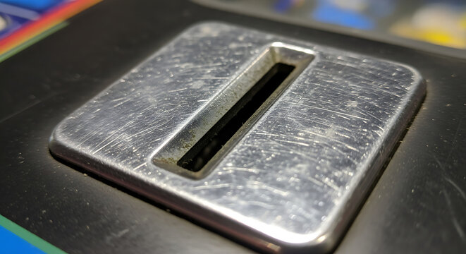 Close up perspective of a scratched silver coin slot for inserting coins into an old arcade game machine