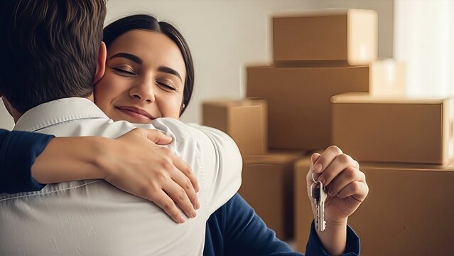 Contented couple embracing after acquiring a new house symbolized by keys happy for achieve - Powered by Adobe