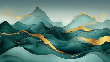 Fluid Mountain Shapes in Teal and Dark Blue With Golden Linear Accents and Atmospheric Mist