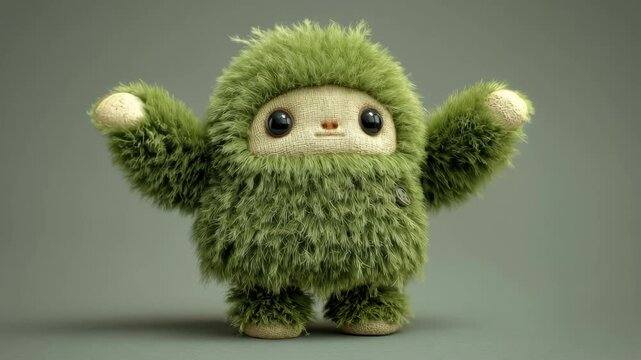 Cute green plush creature standing against a neutral background, showcasing its fuzzy texture and large innocent eyes during a sunny indoor afternoon
