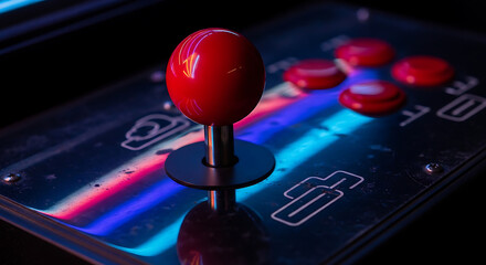 Vibrant red arcade joystick and shiny control panel detail with bright reflections evoking retro gaming nostalgia fun digital entertainment activity leisure