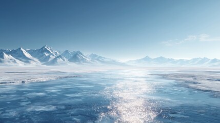 Icy Landscape with Snow - Capped Mountains under Clear Sky